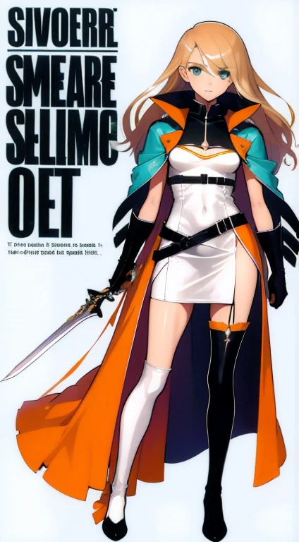 (((Best Quality))) , ((full body)), female, character design, solo, (white background), holding sword, gloves, thigh high, side slit trench skirt, blue, orange, green, violet, brown, white, colorful outfit, bare waist, standing, backless casual dress, bikini, side slit skirt, gloves,