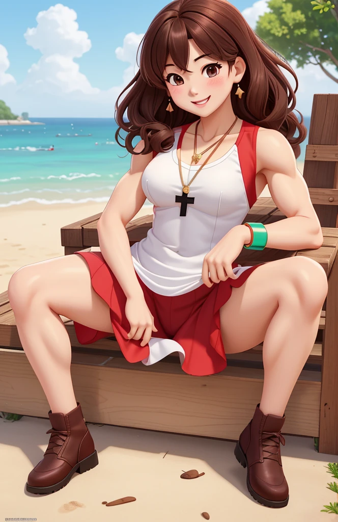 attractive korean woman, ripped muscle, muscular body, small breast, pale skin, smile(blush), sundress, cross pendant, sixpack abs, [ultra detailed skin:1.2], brown hair, wavy hair, 8k uhd, full body, crowd, public, park, sitting, spread legs,