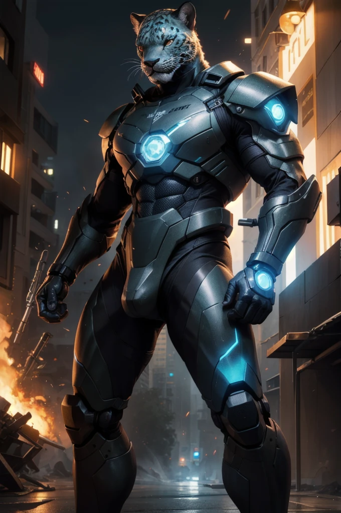 (best quality,4k,8k,highres,masterpiece:1.2),ultra-detailed,realistic:1.37,hybrid,detailed leopard head,soldier body armor,futuristic battle,man body,strong,muscular,battle damage,technological enhancements,aggressive posture,dark background,red glowing eyes,sharp claws,leopard print camouflage,powerful stance,metallic textures,advanced weaponry,cybernetic enhancements,high-tech gadgets,grim and intense,explosions in the background,smoke and dust particles swirling,heavy rain pouring,electricity crackling,blueish color palette,ambient lighting.