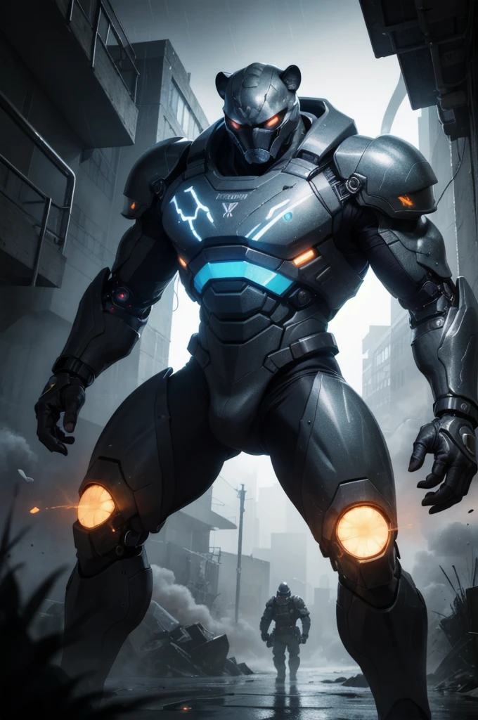 (best quality,4k,8k,highres,masterpiece:1.2),ultra-detailed,realistic:1.37,hybrid,detailed leopard head,soldier body armor,futuristic battle,man body,strong,muscular,battle damage,technological enhancements,aggressive posture,dark background,red glowing eyes,sharp claws,leopard print camouflage,powerful stance,metallic textures,advanced weaponry,cybernetic enhancements,high-tech gadgets,grim and intense,explosions in the background,smoke and dust particles swirling,heavy rain pouring,electricity crackling,blueish color palette,ambient lighting.