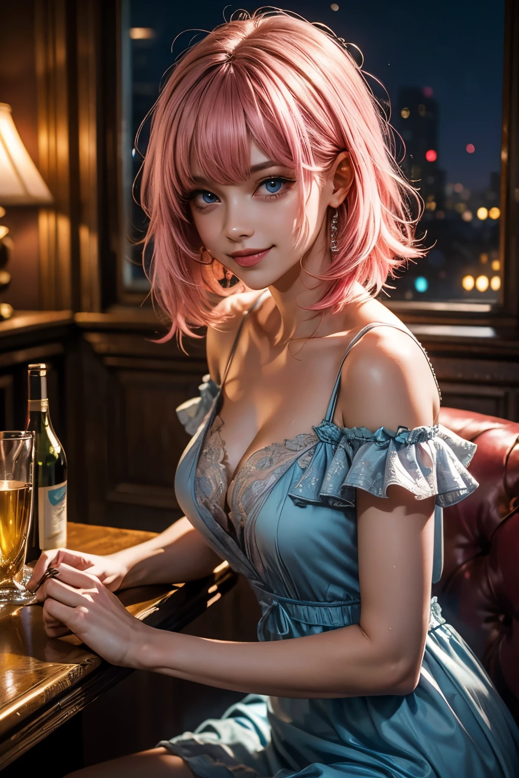 ultra realistic 8k cg, picture-perfect face, flawless, clean, masterpiece, professional artwork, famous artwork, perfect face, beautiful woman, ((short pink hair)), beautiful face, beautiful eyes, ((perfect female body)), solo,(immersive atmosphere, chiaroscuro:1.5,bright light:1.2,luminous lighting)
,,(blush:0.5),seductive expression,extremely detailed_eyes,thick thighs,large breasts,
beautifully detailed background,depth of field,realistic:1.3, long shot,1girl,shirt,pleated skirt, , sitting, full body,
(ambient light:1.3),(cinematic composition:1.3),(neon lights:0.1),(HDR:0.1),Accent Lighting, white pantyhose,