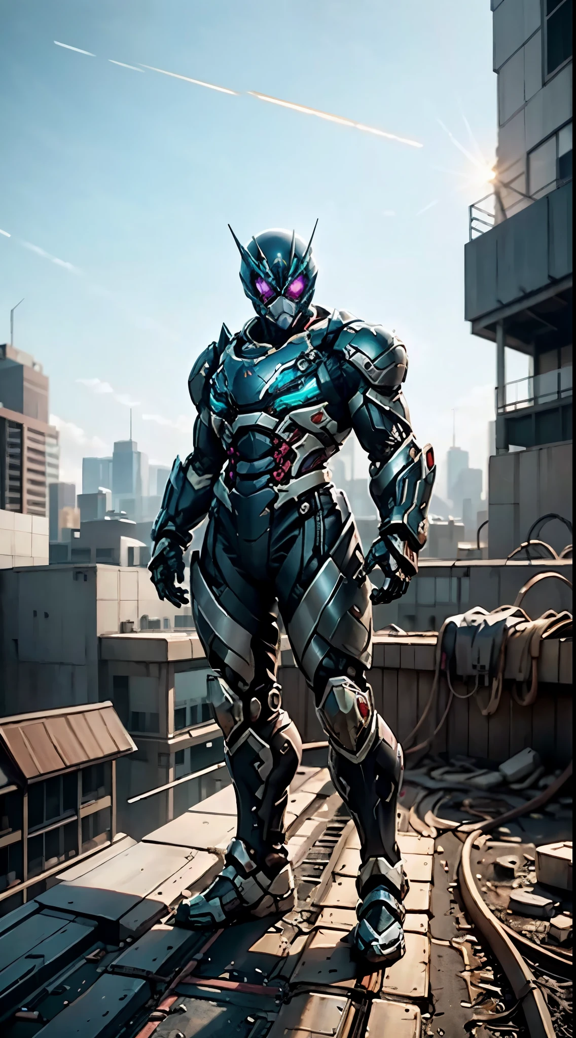 A super a high-tech biotech battle suit, standing on a rooftop, looking over the city, Japanese tokusatsu and American comic style, biometallic texture of the suit, sleek and shiny, dynamic, fast, natural light, cinematic, high quality, high resolution, high detail, sophisticated design, dramatic, high definition, ultra-detailed, ultra-fine painting, extremely delicate, creativity, Natural light, cinematic lighting, best shadow, masterpiece-anatomy-perfect