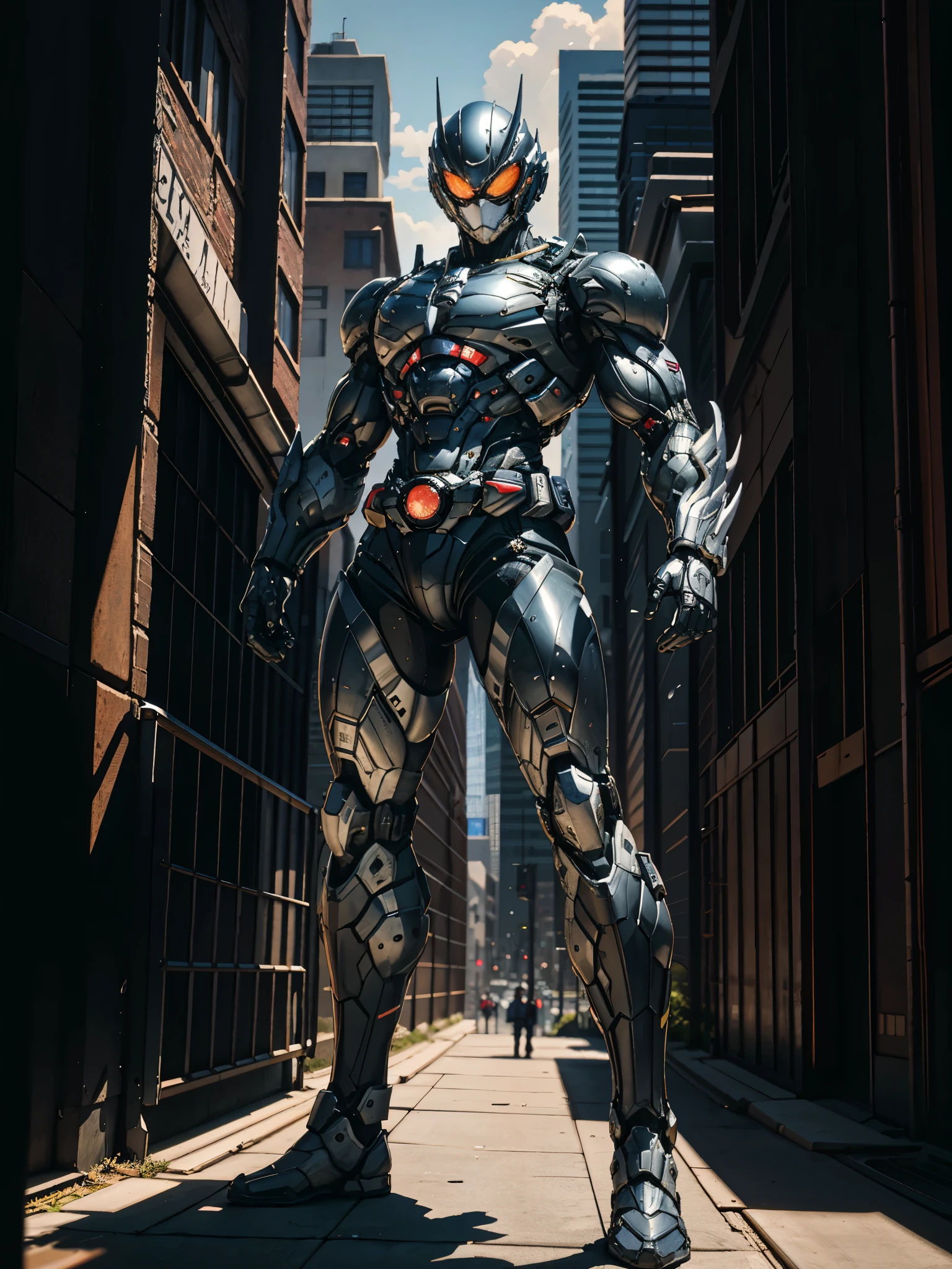 A super a high-tech biotech battle suit, standing on a rooftop, looking over the city, Japanese tokusatsu and American comic style, biometallic texture of the suit, sleek and shiny, dynamic, fast, natural light, cinematic, high quality, high resolution, high detail, sophisticated design, dramatic, high definition, ultra-detailed, ultra-fine painting, extremely delicate, creativity, Natural light, cinematic lighting, best shadow, masterpiece-anatomy-perfect