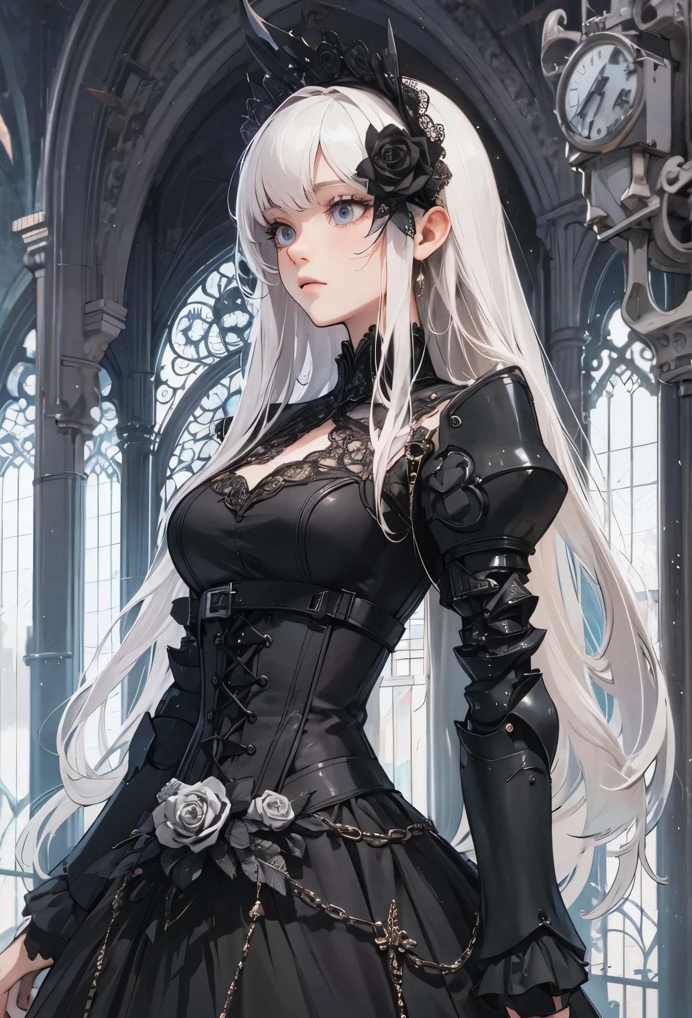 (Detailed illustrations,Very detailed and detailed drawing,Delicate lines with slow and rapid,Realistic texture expression),[Color tressed main line],[Ruins of a super-ancient civilization],[ANIME] (MACHINEAlice Beauty ) straight long hair [AUTOMATON],([Black Rose] black dress) (Cyber Alien Armor [Through the material]) [caltrop] Lock [Titanium alloy] [[Through the material]],Cybernetic Gothic Lolita,(Intre and beautiful decoration [Dense detail]),(Fine and beautiful skin expression [transparency]),[完璧な目のdetailed (Iris beautifully drawn in every detail)[Jewel-like eyes]],[long and beautiful eyelashes],[Meticulously drawn hair [美しく艷やかな髪のdetailed]],(完璧な手のdetailed [Beautiful fingers without breakdowns [Beautiful nails]]),(Perfect Anatomy(Perfectly proportioned))[[full body portrait]],[[Design built to the highest level]][Ideal color coordination(Accurate simulation of light-material interactions)],([Precision Detail](detailed,High definition)),[Visual art that conveys a sense of narrative].