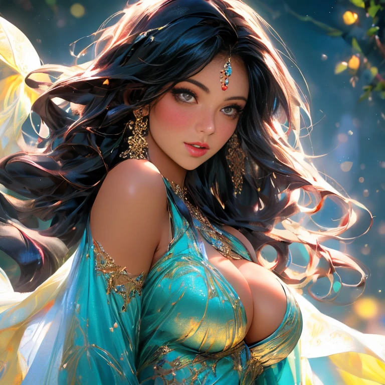 A persian girl on her 25 dressed with persian lght blue dress, black hair, black eyes, tanned skin, beautiful detailed eyes,big breast, round hips, she is looking in camera, beautiful detailed lips,extremely detailed eyes and face,longeyelashes,girl,portrait,illustration,highres,realistic,bokeh,soft lighting,warm color tones,fantasy garden,flowers,flowing dress,magical atmosphere,peaceful ambiance