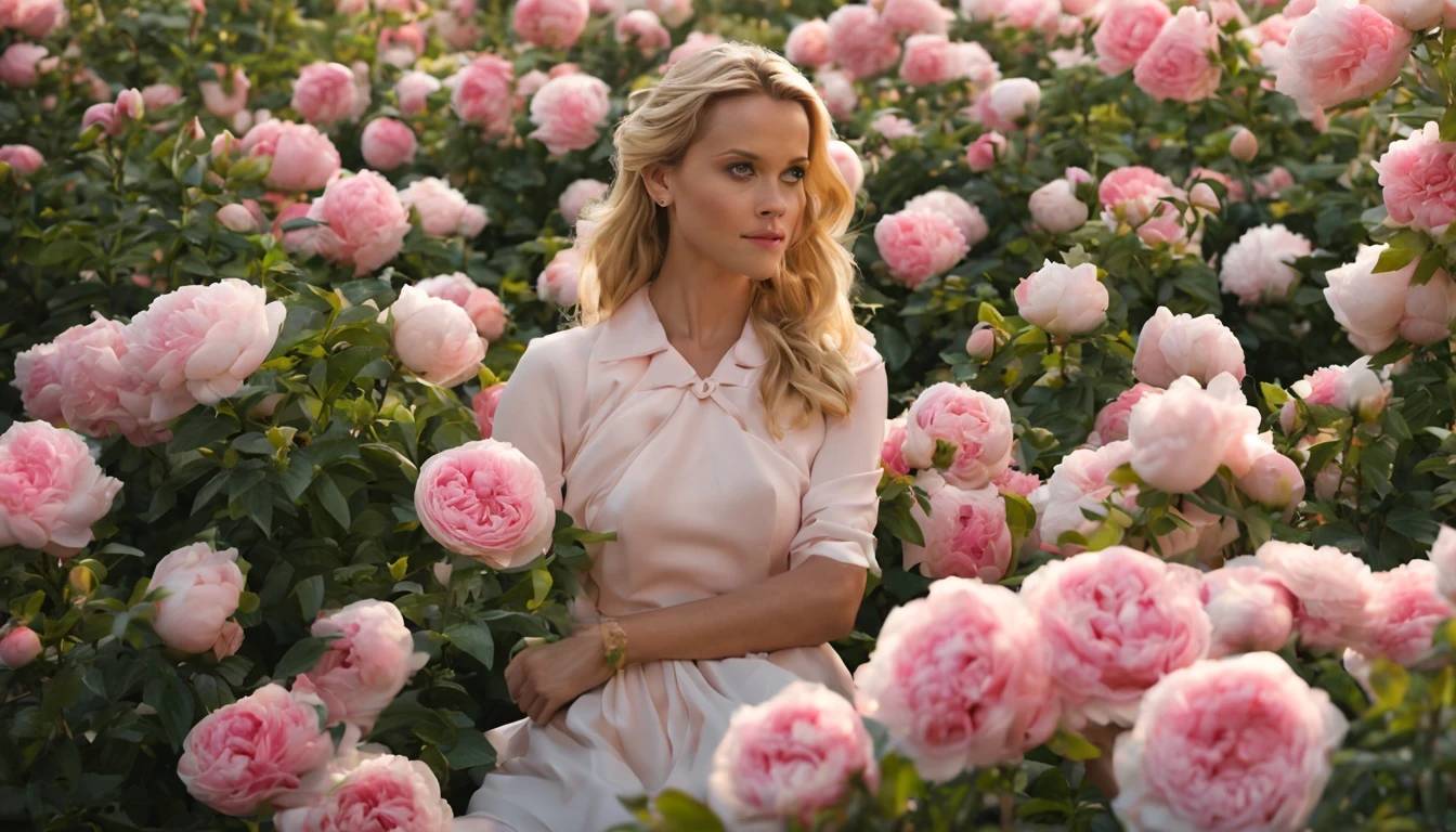 There is a beautiful girl "Reese Colher de cernelha", em um vestido de baile bege, in a place where there are many pink and white roses growing on a bush, Roses in cinematic light, jardim de rosas, Flores enormes, belas flores crescendo, rosas-brambles, Rosas, beautiful aesthetics, belas flores grandes, incrivelmente bonita, Tons de rosa claro, com arbustos macios, brilho suave, belas flores, plena flor, flores florescendo, many peonies, muitas flores
