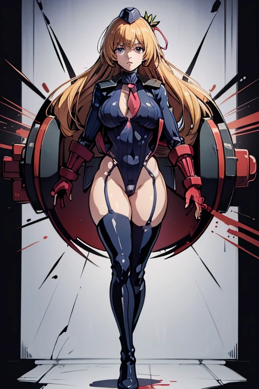 ultra-detailed, Explicit, Beautiful body, Beautiful Nose, Beautiful character design, perfect eyes, perfect face, ultra highres, 4K, beautiful legs, perfect legs, Nice hands, Perfect hand, Masterpiece, Best Quality, Highly detailed, illustration, absurdres, street fighter, doll suit, shadaloo doll, dollsuit, expressionless, blank eyes, looking at viewer, red gloves, emotionless, black latex, corrution, mind control, female combatant, full body, hypnotized, unhappy trance, full body suit, ribbed bodysuit, obey, perfect female body, extremely glossy latex, hypnosis, hypnoLora, empty eyes, Mind control device, Slave, hat, necktie, hat, necktie, belt, latex, ribbed bodysuit, thighhighs, garter belt, Fighting Stance, military, thigh boots, solo, blood on shirt, blood on hand, blood on clothes, blood on face, blood, blood on arm, blood on cheek, blood on leg, Nono Kurusu, Chaos;Child, orange hair, purple eyes, long hair, red ribbon, imperial guard combatant, swimsuit, Bikini Squad, Neneka Corps