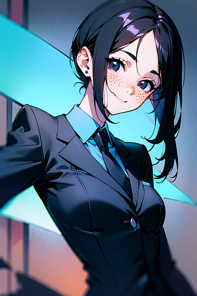 black hair, ((hair tucked behind ear)), forehead, ((long side bangs)), medium length hair, light freckles, woman, ((black eyes)), suit and tie, (neon blue city), smiling