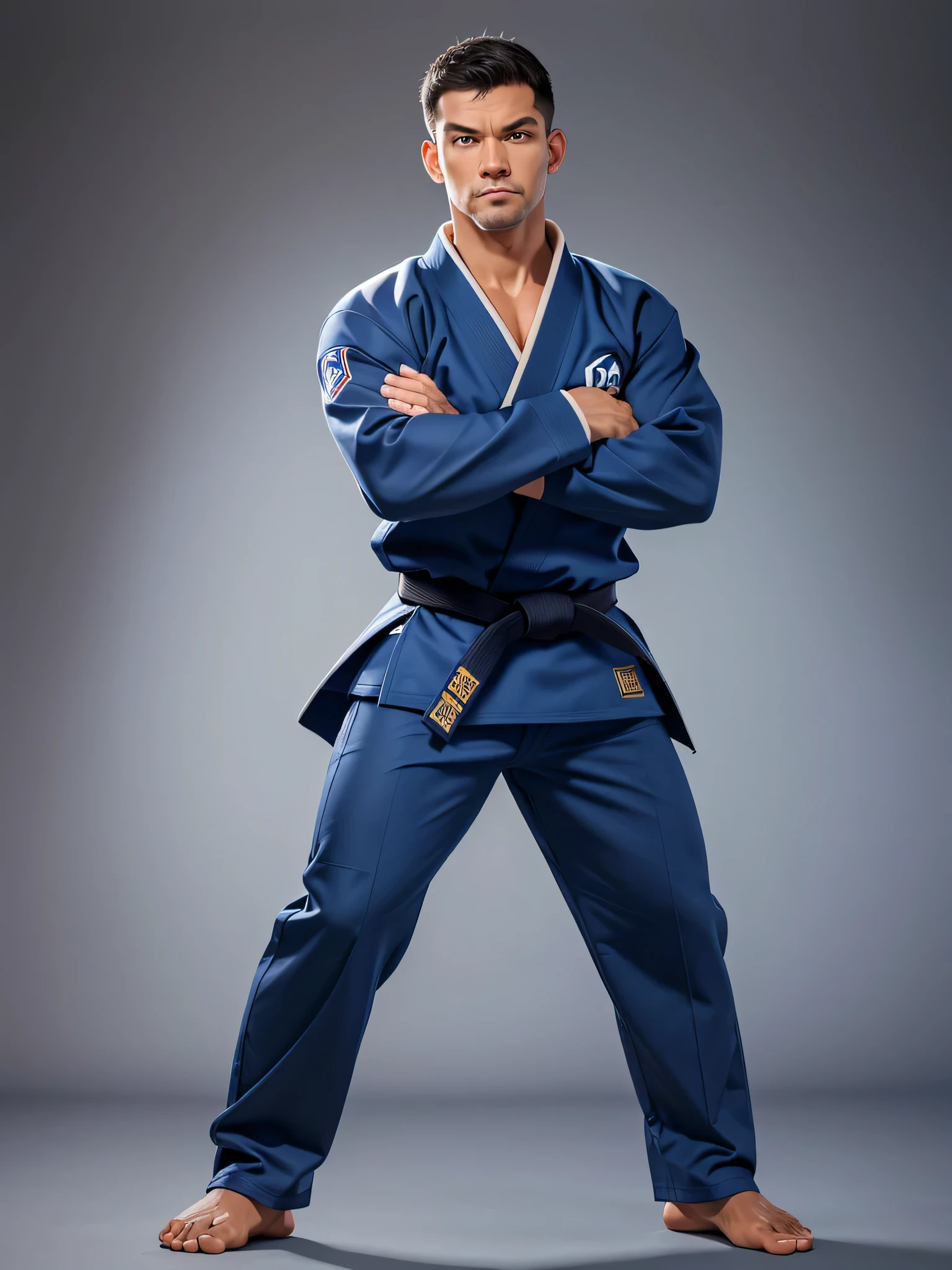 (8k, Foto CRU, Qualidade de obra-prima: 1.2), they are a caucasian man, 45 anos, crossed arms, sideways in a judo pose, ((vestindo um judogi azul marinho)) ((judogi azul marinho com mangas compridas)), judo, judo pose, Artes marciais, , ((black belt)) principiante, postura de luta, Artes marciais, classification, competition winner, postura de luta, pose de arte marcial, in a dojo (shooting tiro de corpo inteiro: 1) posando para fotografia, postura firme (tiro de corpo inteiro: 1).