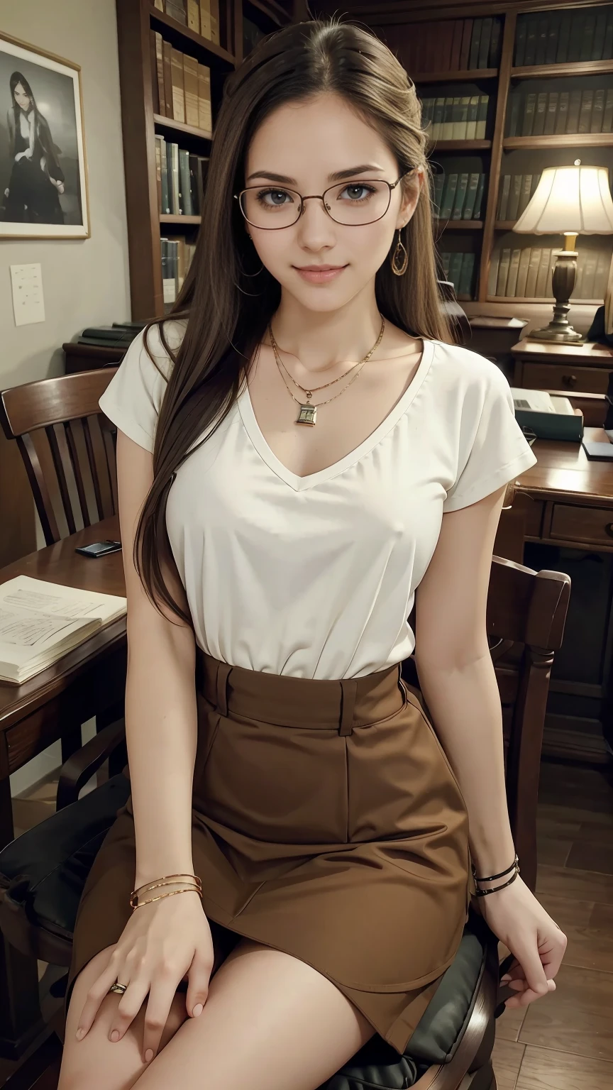 22 year old white female、hair color is brown、brown eyes、long hair、straight hair、accessories on wrist、wearing a necklace、has earrings、skin is smooth、Slender but muscular body、smile、Inside a historic library、I am sitting on a chair in front of a desk with many old documents piled up on it.、holding a pen and writing on paper、wearing a blouse、wearing a tight skirt、wears glasses with thin frames、There are many frames with photos on the wall.
