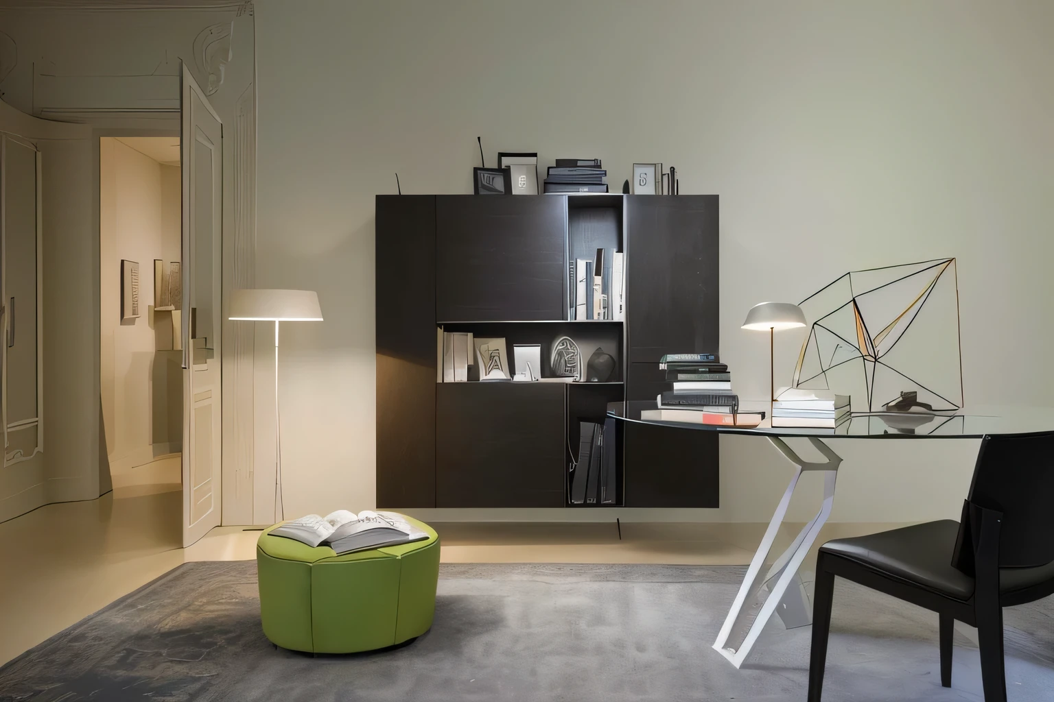 There is a table in the corner、a chair and a bookshelf, author:Alfredo Volpi, exhibit&Quote;, inspired author:Alfredo Volpi, Inspired by Emilio Grau Sala, &Quote;werecreature&Quote;, Headquarters&Quote;, Inspired by Antonio Rota, 2 0 1 5, 2015, unit, author:Paul Dimekis, award-winning details”, close portrait