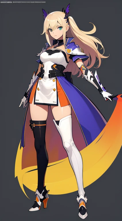 (((Best Quality))) , ((full body)), female, reference sheet, solo, (white background), holding sword, gloves, waist armor, thigh high, side slit trench skirt, blue, orange, green, violet, brown, white, colorful outfit, casual dress, bikini,