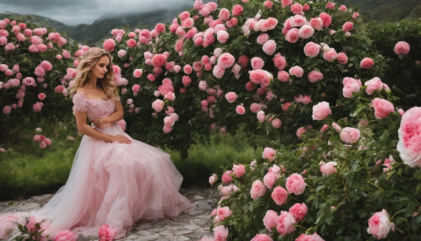 There is a beautiful girl "Sarah Michelle Gellar", em um vestido de baile Vermelho, in a place where there are many pink and white roses growing on a bush, Roses in cinematic light, jardim de Rosas, Flores enormes, belas flores crescendo, Rosas-brambles, Rosas, beautiful aesthetics, belas flores grandes, incrivelmente bonita, Tons de rosa claro, com arbustos macios, brilho suave, belas flores, plena flor, flores florescendo, many peonies, muitas flores.