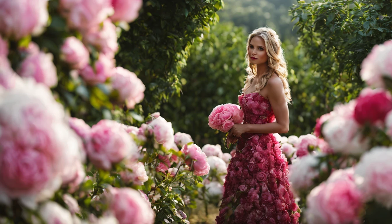 There is a beautiful girl "Sarah Michelle Gellar", em um vestido de baile Vermelho, in a place where there are many pink and white roses growing on a bush, Roses in cinematic light, jardim de Rosas, Flores enormes, belas flores crescendo, Rosas-brambles, Rosas, beautiful aesthetics, belas flores grandes, incrivelmente bonita, Tons de rosa claro, com arbustos macios, brilho suave, belas flores, plena flor, flores florescendo, many peonies, muitas flores.