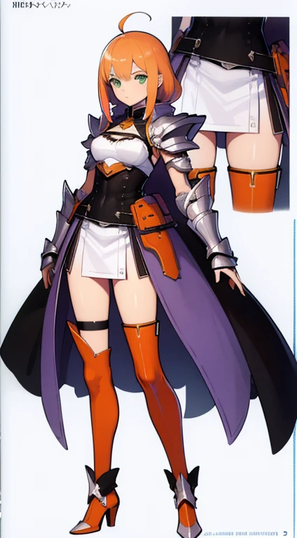 (((Best Quality))) , ((full body)), female, reference sheet, solo, (white background), holding sword, gauntlets, waist armor, thigh high, side slit trench skirt, blue, orange, green, violet, brown, white, colorful outfit, casual dress, bikini,
