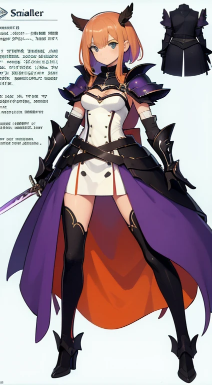 (((Best Quality))) , ((full body)), female, character design, solo, (white background), holding sword, gloves, thigh high, side slit trench skirt, blue, orange, green, violet, brown, white, colorful outfit, bare arms, bare waist, standing, backless casual dress, bikini, side slit skirt, gloves, bare shoulder, armored dress,