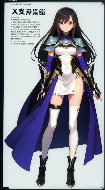 (((Best Quality))) , ((full body)), female, reference sheet, solo, (white background), holding sword, gauntlets, waist armor, thigh high, side slit trench skirt, blue, orange, green, violet, brown, white, colorful outfit, casual dress, bikini,
