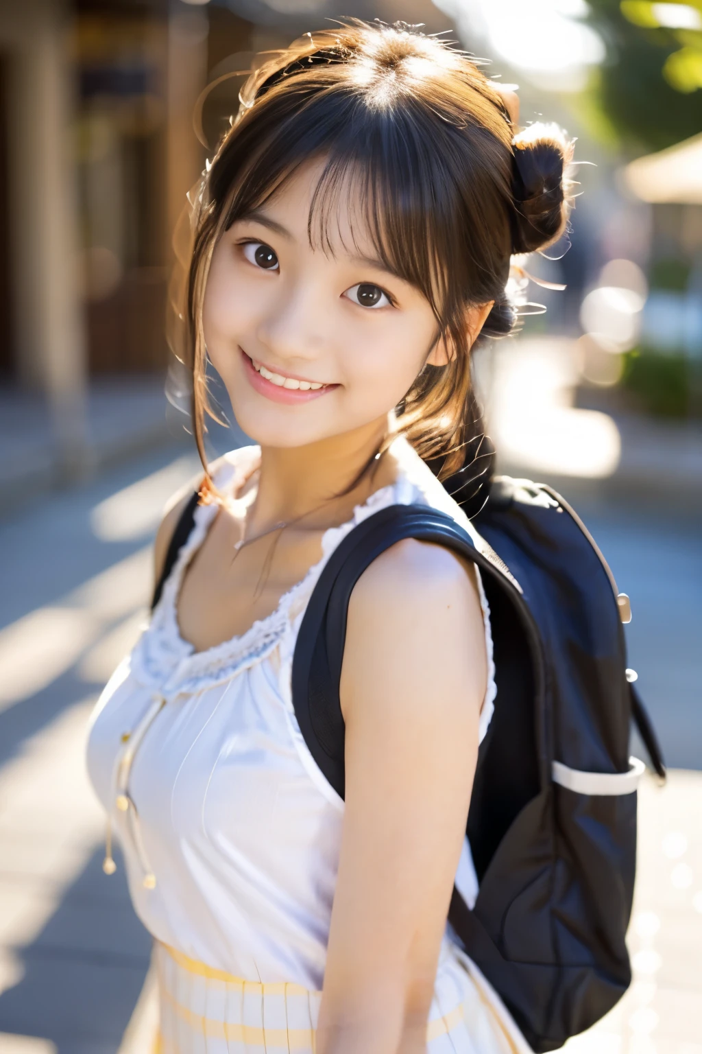 (((​masterpiece))),  (((Full body photo，Standing)))，(One beautiful Japan girl, classmates, Innocence，kawaii) ，超A high resolution, Realistic, ultra-detailliert, 8K,top-quality, Extremely detailed, blurry backround,A slender,very beautiful japanese girl, Detailed face:1.3), (wears hair in two buns，A dark-haired :1.4), (a ，kawaii系,adorable 14 year oPerfect body:1.1),  (Sleeveless white shirt，Light brown pleated mini skirt), A smile that makes you want to hug，Please show me your beautiful teeth,Super Detailed Face、Detailed lips、Detailed Big Eyes、small gravure idol，Transparent skin、Lori，Carrying a backpack，Dating at the museum，Looking up from the ground，sexy  pose, Warm tones