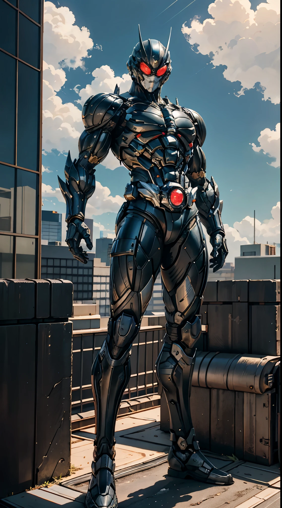 A super a high-tech biotech battle suit, standing on a rooftop, looking over the city, Japanese tokusatsu and American comic style, biometallic texture of the suit, sleek and shiny, dynamic, fast, natural light, cinematic, high quality, high resolution, high detail, sophisticated design, dramatic, high definition, ultra-detailed, ultra-fine painting, extremely delicate, creativity, Natural light, cinematic lighting, best shadow, masterpiece-anatomy-perfect