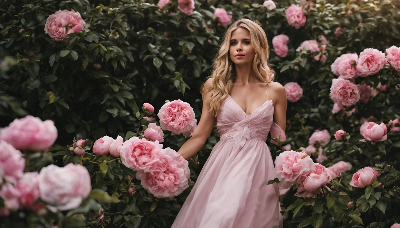 A woman in a pink dress standing in a field of pink flowers - SeaArt AI