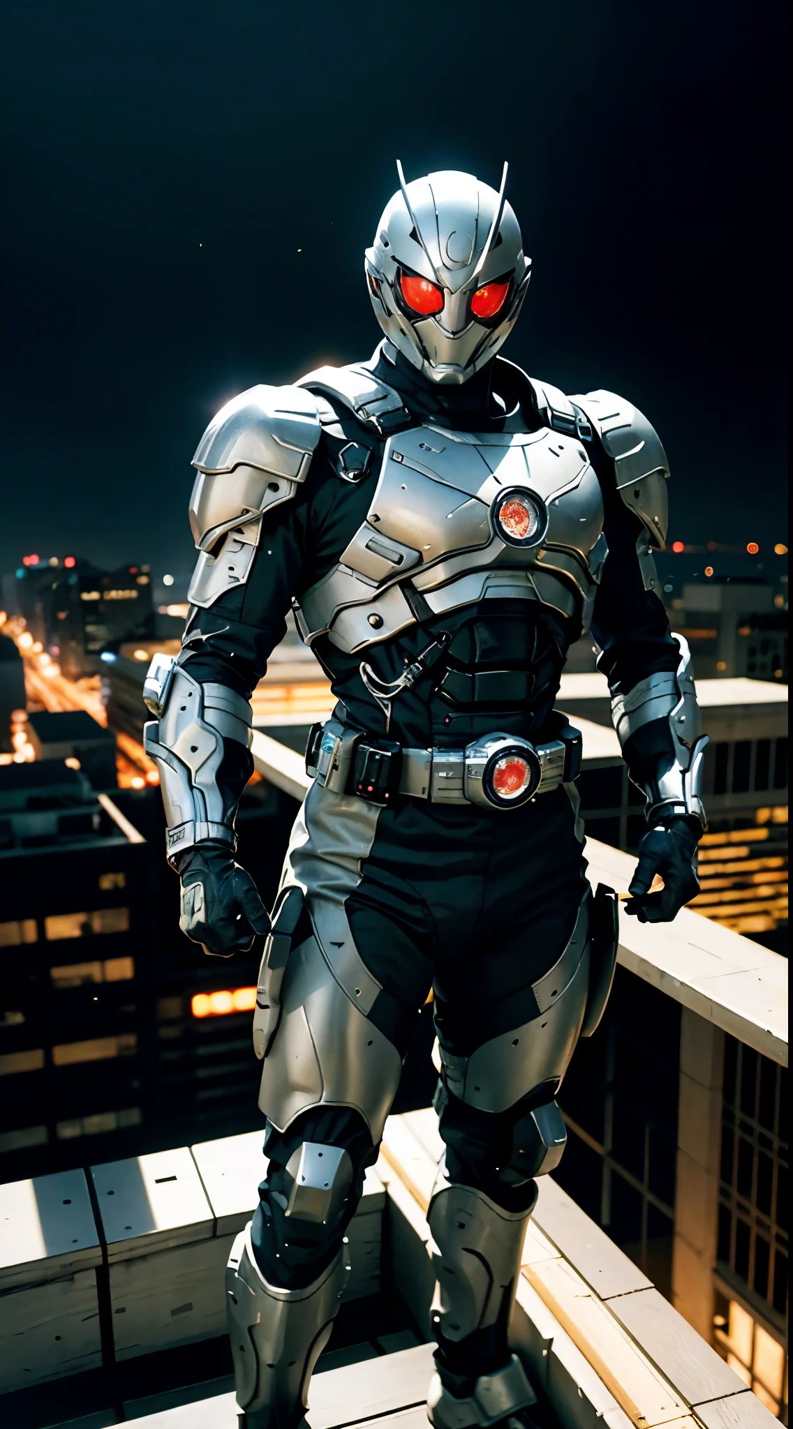 A super a high-tech biotech battle suit, standing on a rooftop, looking over the city, Japanese tokusatsu and American comic style, biometallic texture of the suit, sleek and shiny, dynamic, fast, natural light, cinematic, high quality, high resolution, high detail, sophisticated design, dramatic, high definition, ultra-detailed, ultra-fine painting, extremely delicate, creativity, Natural light, cinematic lighting, best shadow, masterpiece-anatomy-perfect