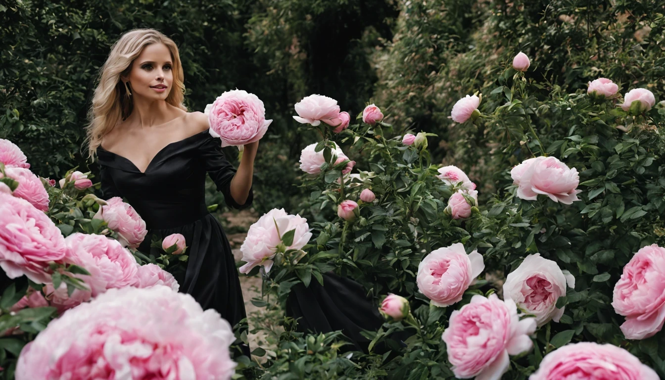There is a beautiful girl "Sarah Michelle Gellar", em um vestido de baile Preto, in a place where there are many pink and white roses growing on a bush, Roses in cinematic light, jardim de Rosas, Flores enormes, belas flores crescendo, Rosas-brambles, Rosas, beautiful aesthetics, belas flores grandes, incrivelmente bonita, Tons de rosa claro, com arbustos macios, brilho suave, belas flores, plena flor, flores florescendo, many peonies, muitas flores.