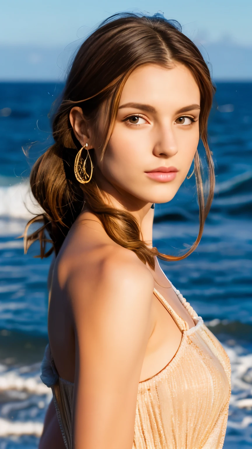 ( high quality , super detailed, careful with hand )Zodiac - Gemini goddess , Similar to Latin goodness , Twin Goddesses , Be curious, Skillful, Humorous, fascinating, imaginative face , Sometimes impractical, nervous, careless style ,  light brown eyes , bright blond hair , Transparent Dress , in the ocean with wind  , whole body , Frivolous makeup look ,