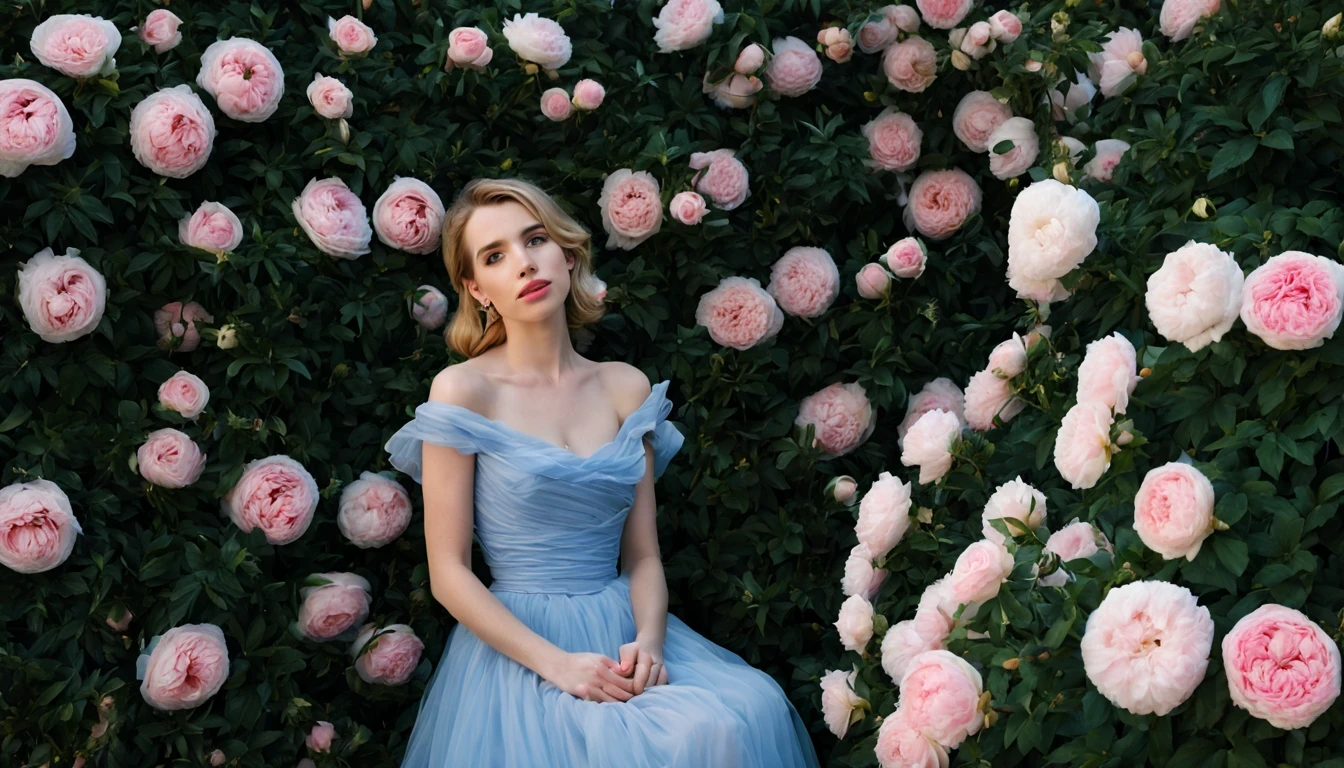 There is a beautiful girl "Emma Roberts", em um vestido de baile Azul, in a place where there are many pink and white roses growing on a bush, Roses in cinematic light, jardim de rosas, Flores enormes, belas flores crescendo, rosas-brambles, Rosas, beautiful aesthetics, belas flores grandes, incrivelmente bonita, Tons de rosa claro, com arbustos macios, brilho suave, belas flores, plena flor, flores florescendo, many peonies, muitas flores.