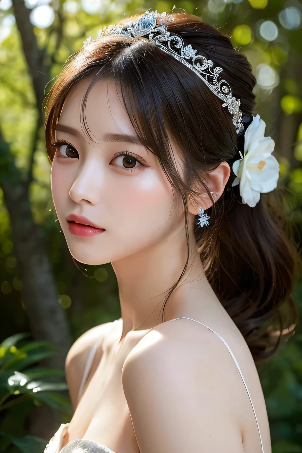 (extremely delicate and beautiful work)、(masterpiece)、Highly detailed wedding dress art neck、Bridal tiara、bridal veil、ponytail、A charming expression、Beautiful and clear eyelid background、mare、super fine painting、delicate face、delicate figure、thin clavicle、beautiful lips、、(8K、Live shooting、highest quality、masterpiece:1.2), (realistic, photorealistic:1.37)、cute type、professional lighting, photon mapping, radio city,  ((Low angle full body shot))、[[[Deep Valley]]]、(The background is the forest:1.2)