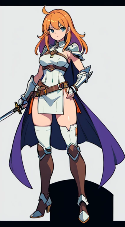 (((Best Quality))) , ((full body)), female, reference sheet, solo, (white background), holding sword, gauntlets, waist armor, thigh high, side slit trench skirt, blue, orange, green, violet, brown, white, colorful outfit, casual dress, bikini,