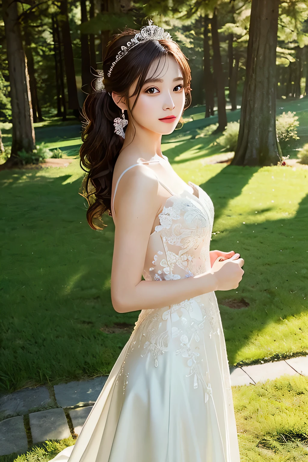 (extremely delicate and beautiful work)、(masterpiece)、Highly detailed wedding dress art neck、Bridal tiara、bridal veil、ponytail、A charming expression、Beautiful and clear eyelid background、mare、super fine painting、delicate face、delicate figure、thin clavicle、beautiful lips、、(8K、Live shooting、highest quality、masterpiece:1.2), (realistic, photorealistic:1.37)、cute type、professional lighting, photon mapping, radio city,  ((Low angle full body shot))、[[[Deep Valley]]]、(The background is the forest:1.2)