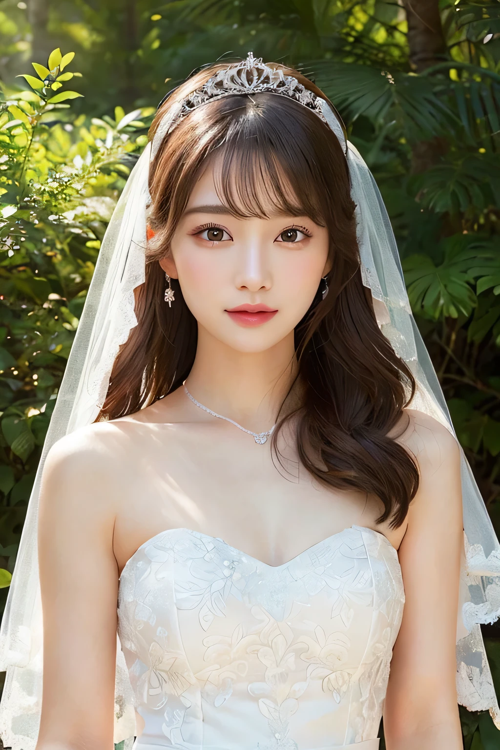 (extremely delicate and beautiful work)、(masterpiece)、Highly detailed wedding dress art neck、Bridal tiara、bridal veil、ponytail、A charming expression、Beautiful and clear eyelid background、mare、super fine painting、delicate face、delicate figure、thin clavicle、beautiful lips、、(8K、Live shooting、highest quality、masterpiece:1.2), (realistic, photorealistic:1.37)、cute type、professional lighting, photon mapping, radio city,  ((Low angle full body shot))、[[[Deep Valley]]]、(The background is the forest:1.2)