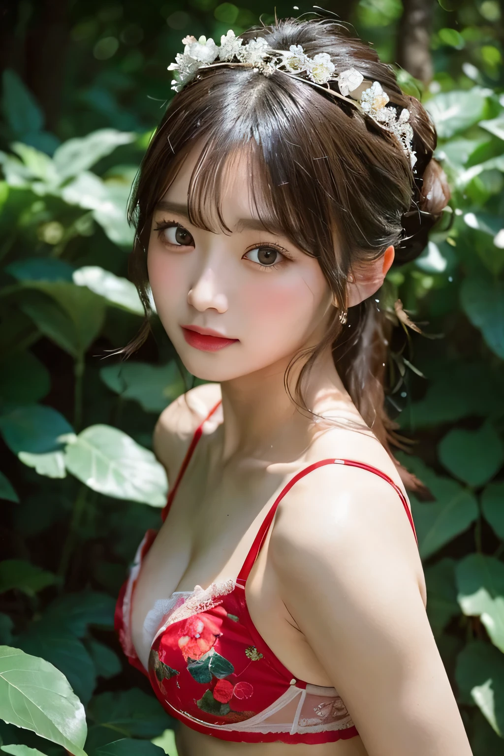 (extremely delicate and beautiful work)、(masterpiece)、Bridal tiara、ponytail、A charming expression、Beautiful and clear eyelid background、mare、super fine painting、delicate face、delicate figure、thin clavicle、beautiful lips、、(8K、Live shooting、highest quality、masterpiece:1.2), (realistic, photorealistic:1.37)、cute type、professional lighting, photon mapping, radio city, ((Low angle full body shot))、[[[Deep Valley]]]、(The background is the forest:1.2)、Sexy and naughty panties with red floral pattern、Sexy and naughty bra with red floral pattern、open thigh