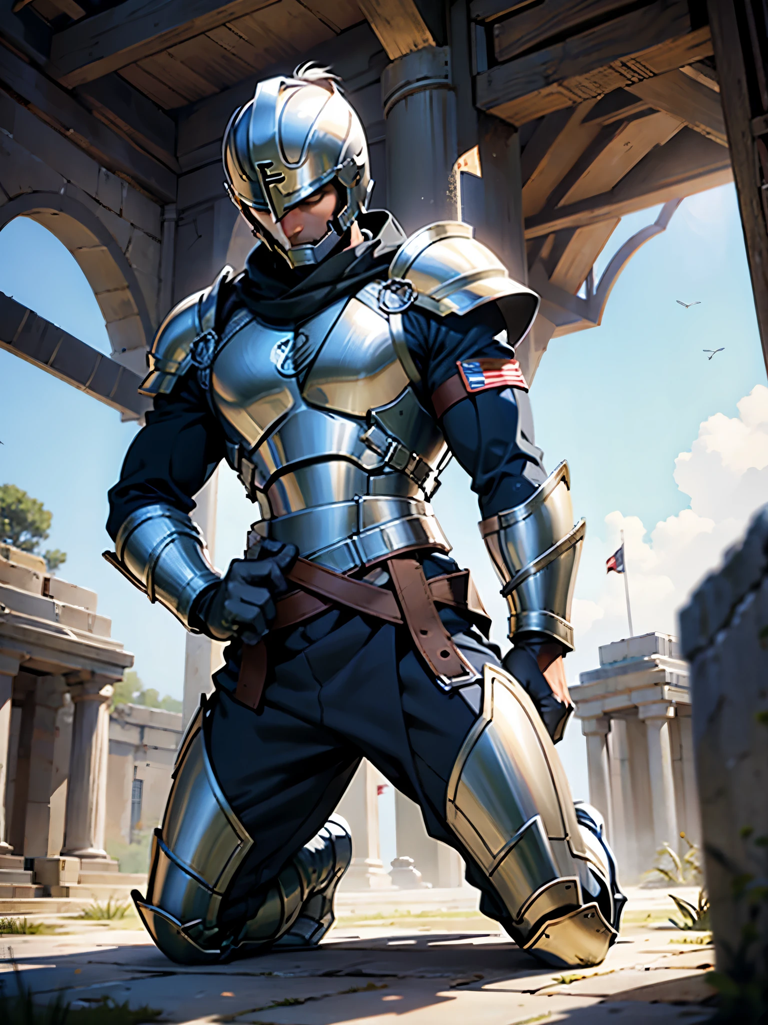 Kneeling super soldier, male, wearing roman battle armor and a Spartan style helmet