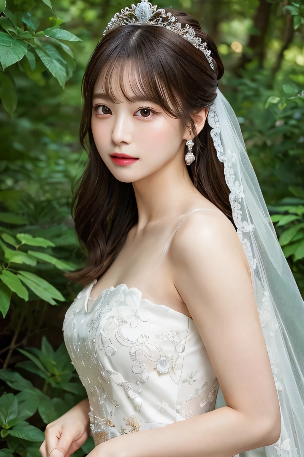 (This is a very delicate and beautiful work.)、(masterpiece)、Highly detailed wedding dress art neck、bridal tiara、bridal veil、ponytail、attractive look、Beautiful and clear eyelid background、big、Ultra-fine painting、delicate face、delicate figure、thin clavicle、beautiful lips、、(8K、Live shooting、highest quality、masterpiece:1.2), (realistic, photorealistic:1.37)、cute type、professional lighting, photon mapping, radio city,  ((Low angle full body shot))、[[[deep valley]]]、(The background is a forest:1.2)