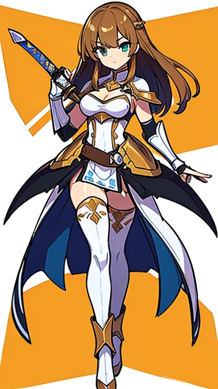 (((Best Quality))) , ((full body)), female, reference sheet, solo, (white background), holding sword, gauntlets, waist armor, thigh high, side slit trench skirt, blue, orange, green, violet, brown, white, colorful outfit, casual dress, bikini,
