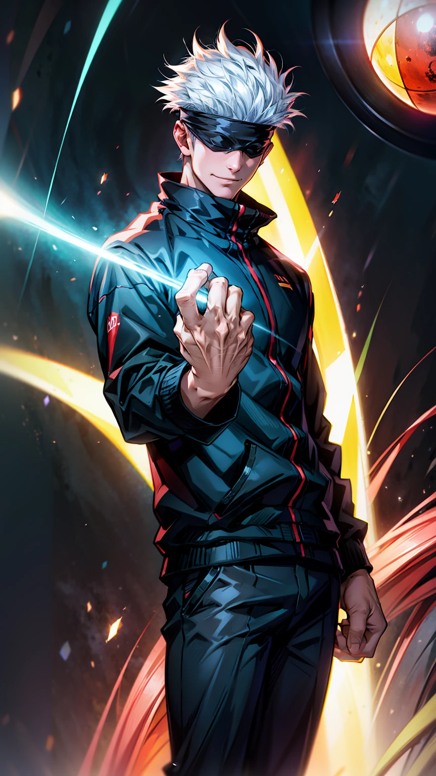 1boy, satoru gojo, blindfold, black outfit, white hair, standing, red magic energy ball in right hand,blue magic energy ball in left hand, smirk, red and blue aura background, wallpaper, cinematic,High resolution 8K, Bright light illumination, lens flare, sharpness, masterpiece, top-quality, The ultra -The high-definition, high resolution, extremely details CG, Anime style, Film Portrait Photography,