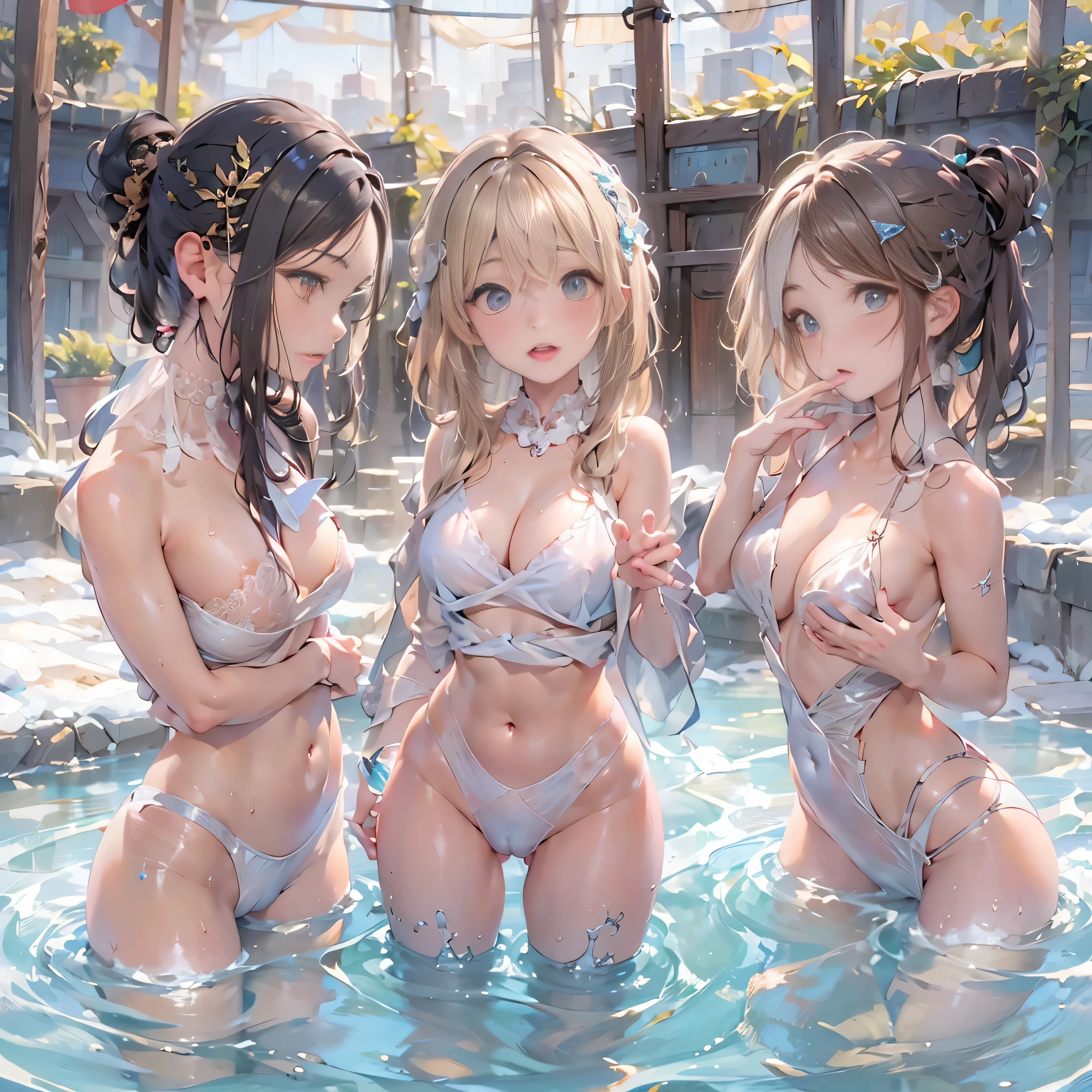 high quality,8K quality,High resolution,(muste piece:1.3),23 year old woman, (white leotard,choker),(brown skin tone,long hair:1.2,wet bright golden hair:1.3,big blue eyes),(Bold pose with legs spread,dynamic pose:1.4),(Soak in a warm hot spring，vaporと静けさに囲まれて，Feels good,Enjoy the healing hot springs),(full of sweat:1.3),open-air bath,steam,vapor,background(1 snow scene, sunrise:1.3),(Wet clothes stuck to my skin,??????? are visible through clothing,My ???? is visible through my clothes.),small ???????,slender, abs:1.2,(young skinny gravure idol, sophisticated gravure idol),(detailed perfect face),normal hand,normal finger,normal foot,(????????, ?????????,Mansuji)