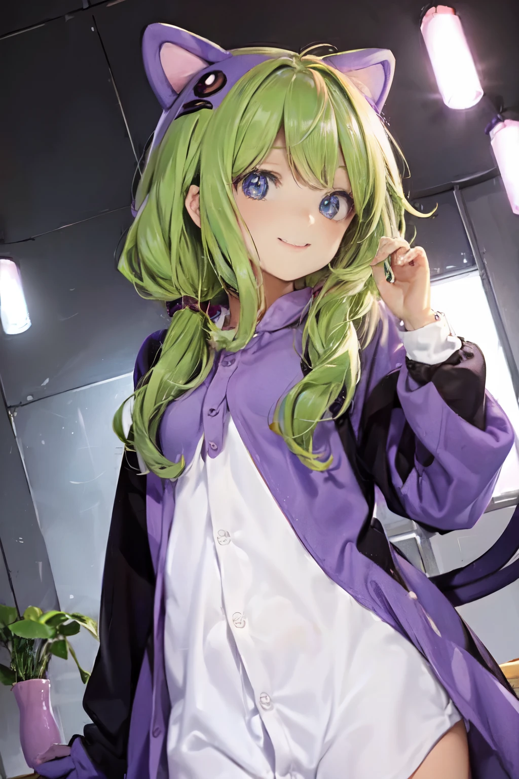 （In 8K, best quality, muste piece:1.2)、ultra high resolution、1 female 20 years old,ultra-detailed face,detailed eyes,long eyelashes,BREAK,Gradient Green to pink hair,twintails,detailed hand fingers,sexy, smile,brown eyes,eggplant suit,(eggplant kigurumi),captivate your audience,solo、professional writing,I&#39;m at the vegetable market