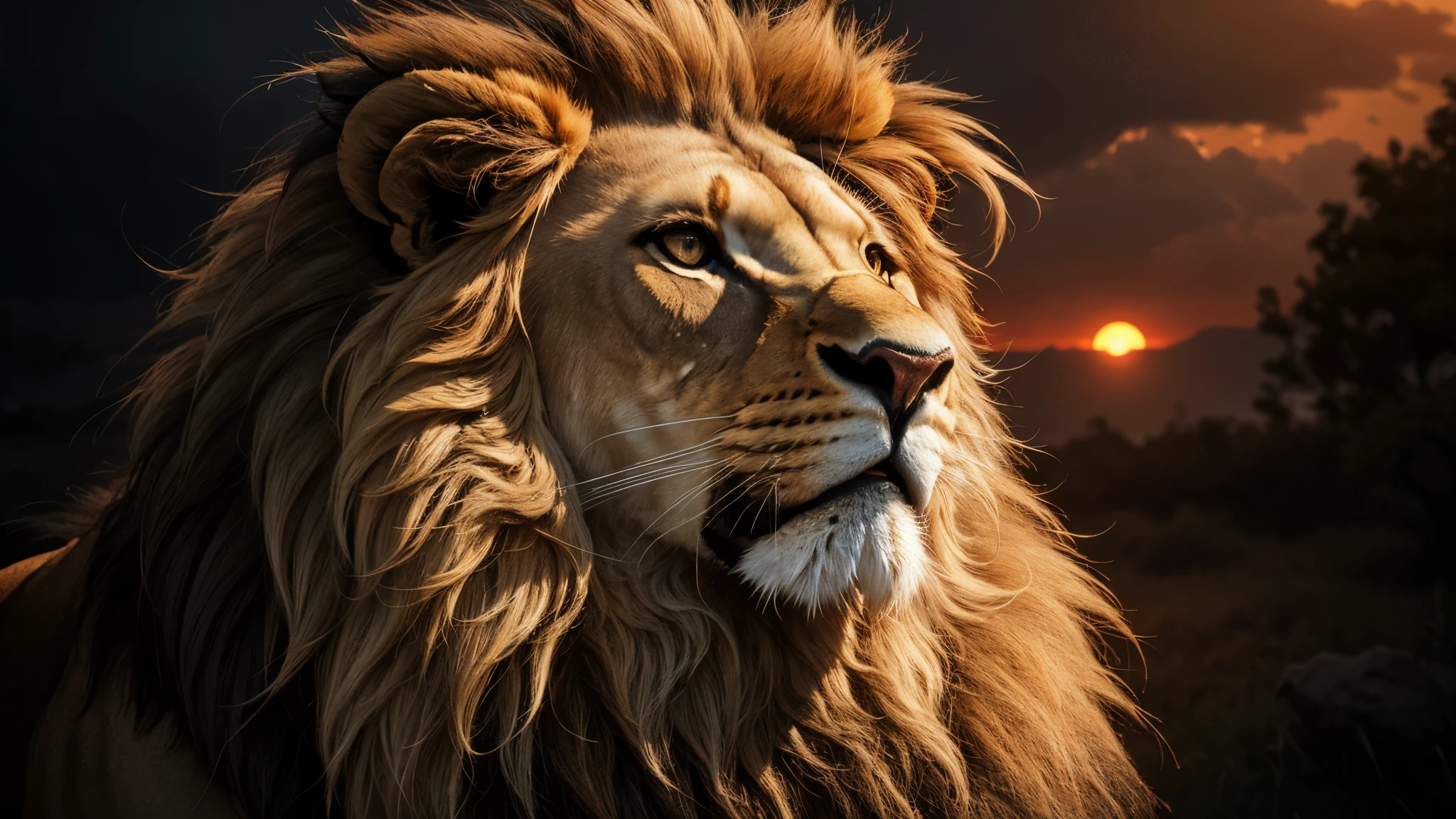 Lion, Divine Lion, Lion King, Lion Majestic, natural, Natureza, renderizado, fotorrealista, UltraHD, 4k, texturasdetalhadas, thunders, sombras detalhadas, cores detalhadas, por do sol, sol se pondo, Sunset, Natureza Linda, Great Divine, por do sol, contraste detalhado, contraste realista, high resolution, cores detalhadas, fogo, eletricidade, divina criatura, 8k, Detailed Realistic, 16K, 8K, HD, Elegante,