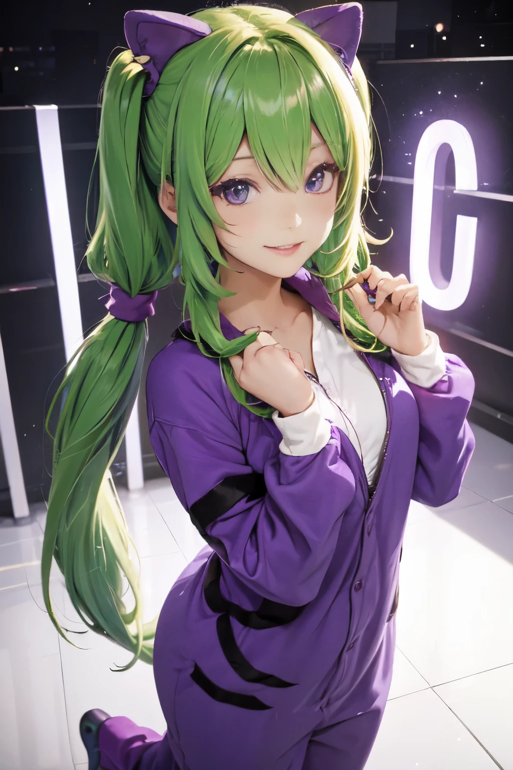 （In 8K, best quality, muste piece:1.2)、ultra high resolution,1 very cute and beautiful girl,ultra-detailed face,detailed eyes,long eyelashes,BREAK,Gradient Green to pink hair,twintails,detailed hand fingers,smile,brown eyes,purple eggplant suit,(eggplant kigurumi),captivate your audience,solo、cinema lighting,I&#39;m at the vegetable market