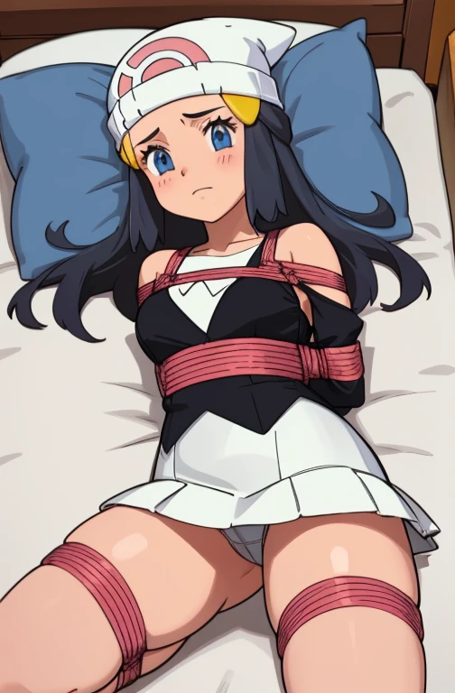 (Bound arms, place your arms behind your back, rope, Bound Legs:1.2),lie in bed,From above,wet crotch,spread legs,she spreads her legs wide,Show off your panties,Missionary position,black panties,High resolution, highest quality, illustration, Super detailed, soft lighting, highest quality, very detailed, pieces fly, looking at the viewer, embarrassing,i was scared,1 girl, alone,Pokemon Hikari,black haired,long hair,White knitted hat,blue eyes,Pink short skirt