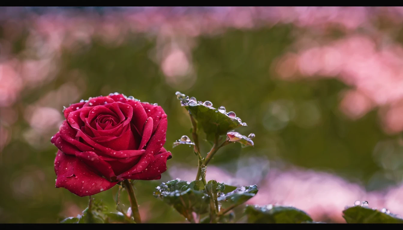 uma linda garota, "Reese Witherspoon com vestido Vindo longo", olhando de baixo, Above is the sky, brilho matinal, nevoeiro fino, In the distance are mountains, Below is the slope, Uma rosa vermelha, Porcelain petals, There are crystal clear water droplets on the petals, （There are water droplets on the petals）, Flores e folhas verdes, Water drops on flowers and leaves, （Realmente）, Roses equal one tenth, de baixo, profundidade de campo, alto detalhe, luz de fundo, 4k, obra de arte, preciso, alta qualidade
