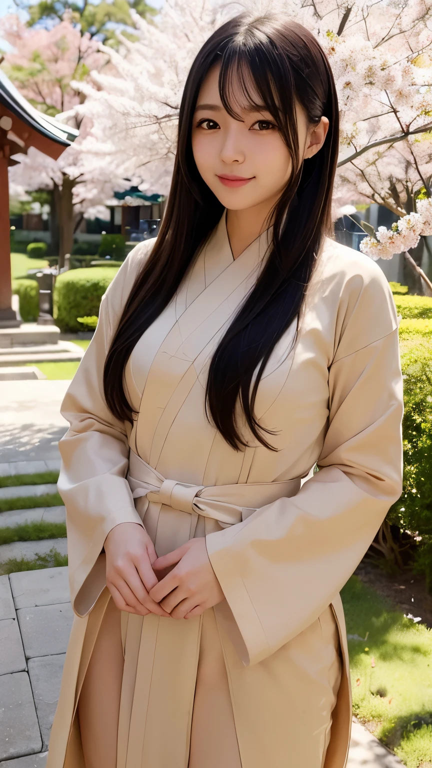(surreal), (picture), (High resolution), (In 8K), (highly detailed), (best illustrations), (美しいdetailed eyes美しい詳細な顔), (highest quality), (Super detailed), (masterpiece), (wall-), (highly detailed face), (black long hair), (1 girl), (alone), (detailed eyes, thin cheeks, shiny skin, glossy lips, face lighting), (Are standing:1.0), camel toe, (small breasts), (thin thighs), (slim waist), (smile), (Miko costume), (long sleeve), (long hakama:1.2), (Sakura), (shrine)