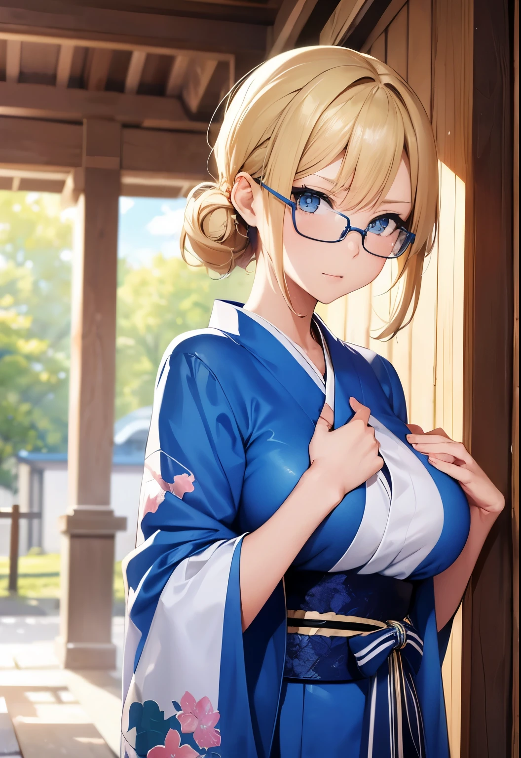 High resolution, 2D Anime Style,blue eyes beautiful eyes,high and beautiful nose,thin face,Boyish blonde short updo,Cool adult woman,Beautiful watches,breasts are slightly larger,she looks very serious,Biting your lip, she was very angry, She narrows her eyes,she wears glasses,wearing a beautiful spring kimono,visiting the shrine,daytime shrine