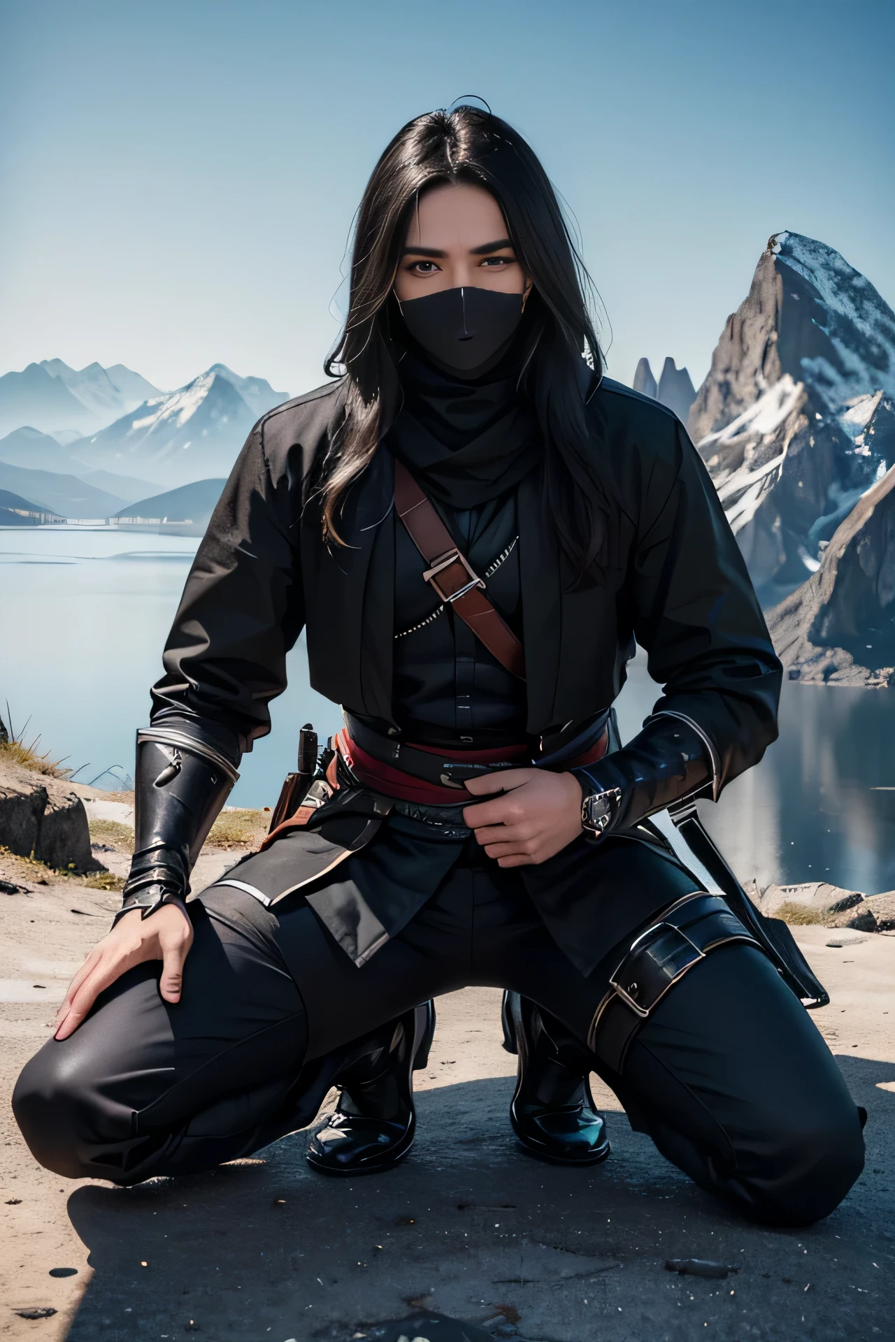 Best quality, masterpiece, ultra high res, (photorealistic:1.4), detailed face, detailed eyes, raw photo, young handsome male, black hair, (full body), perfect face, perfect hands, view from top, (mountain background:1.2), wearing black clothes, ((assassin)), ninja, black face covering