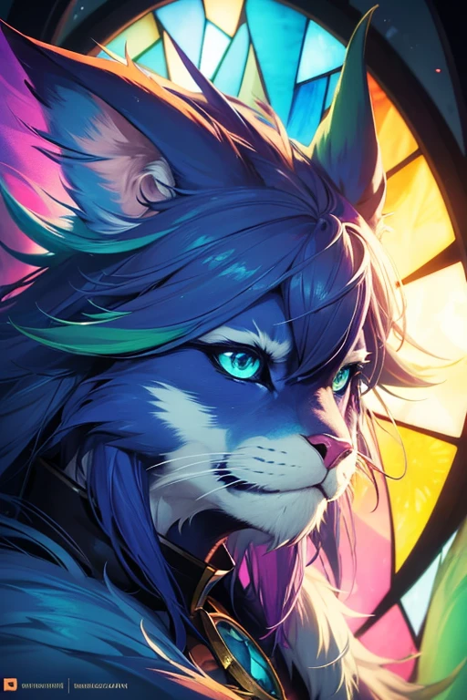 (fantasy)(colorful stained glass, volumetric lighting backlighting good lighting, colorful refraction)depth of field(highly detailed beautiful face and eyes)perfect anatomy(furry beastman)