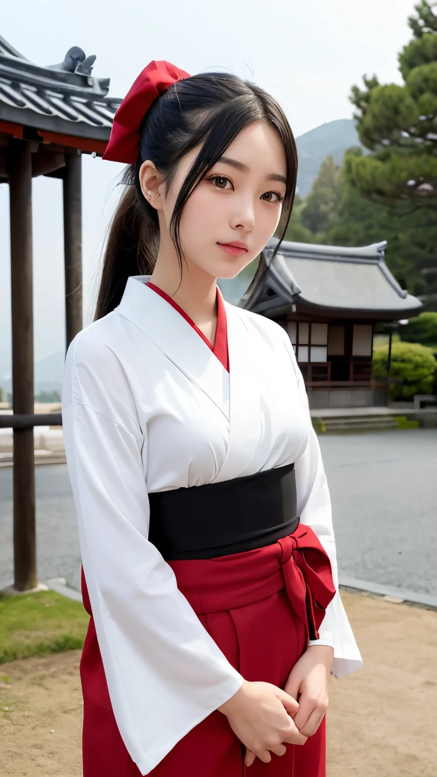 beautiful young woman. with black eyes、Features smooth black hair that reaches to the shoulders. hair is in a ponytail, Tie the top with a small red ribbon. He has a kind expression and a warm smile.. Make your eyes and expression cool. The eyes are dangling eyes. She is dressed in a traditional Japanese kimono featuring a red and white color scheme. small breasts. The background image is a Japanese landscape with a shrine.. new year.New Year. The background image is a Chinese landscape with a shrine.