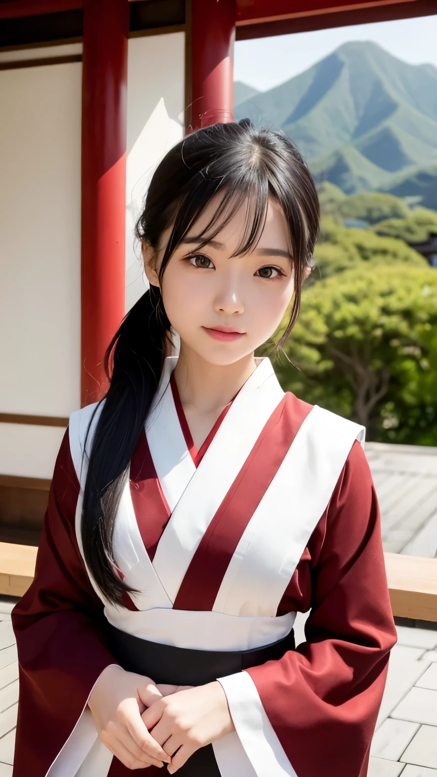 beautiful young woman. with black eyes、Features smooth black hair that reaches to the shoulders. hair is in a ponytail, Tie the top with a small red ribbon. He has a kind expression and a warm smile.. Make your eyes and expression cool. The eyes are dangling eyes. She is dressed in a traditional Japanese kimono featuring a red and white color scheme. small breasts. The background image is a Japanese landscape with a shrine.. new year.New Year. The background image is a Chinese landscape with a shrine.