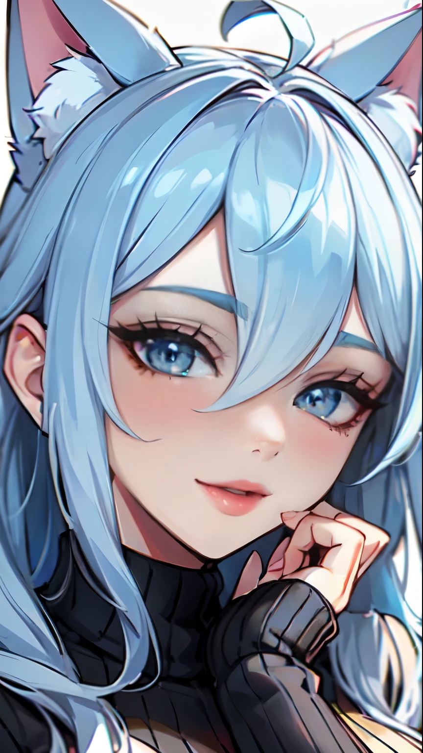 Masterpiece, beautiful art, professional artist, 8k, art style by sciamano240, very detailed face, very detailed hair, 1girl, perfectly drawn body, beautiful face, long hair, light blue hair , very detailed blue vertical cat eyes, pouty lips , rosey cheeks, intricate details in eyes, close up on face, looking straight at viewer, wearing a cozy blue sweater, in love with viewer expression , cheerful smile, milf,